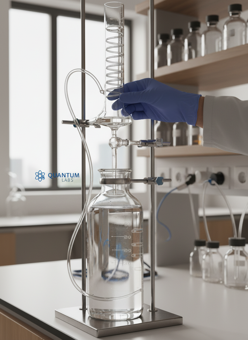 Sophisticated editorial photograph of a modern research laboratory detail, a scientist's gloved hand adjusting precision lab glassware, soft focus, clean minimal aesthetic, natural light, premium science brand mood, neutral tones with a hint of cobalt blue